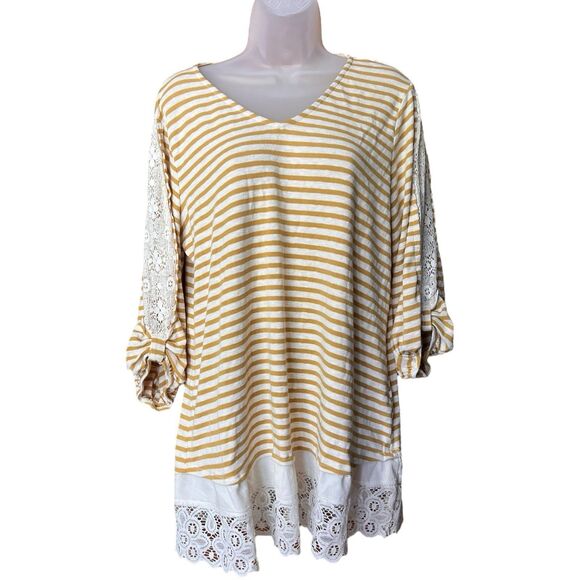 Cato Mustard Yellow Striped Lace Trim Tunic Top Sz Large Lagenlook Cottagecore - Picture 7 of 8
